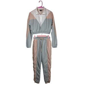 Fashion Nova 2-Piece Windbreaker Tracksuit XS Gray Pink Cropped Jacket